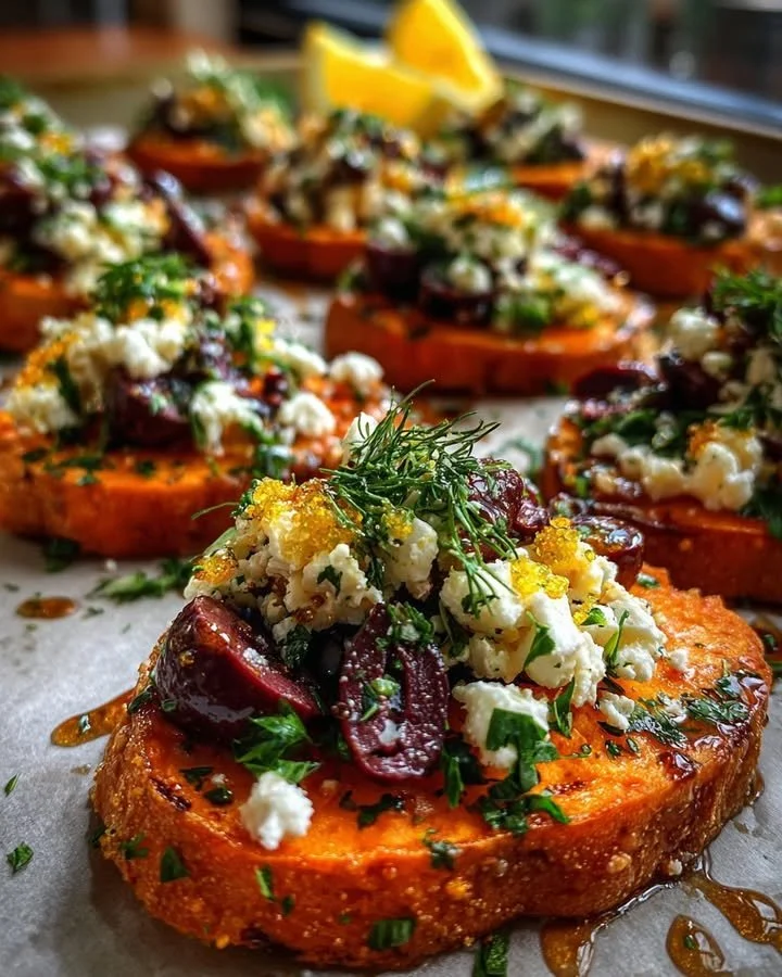 Sweet potato crostini with feta, olives, and fresh herbs on a wooden serving board