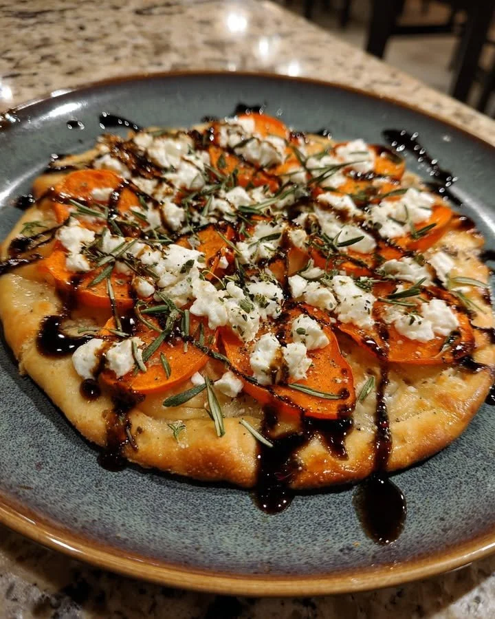 Sweet Potato, Goat Cheese & Rosemary Flatbread ready to serve
