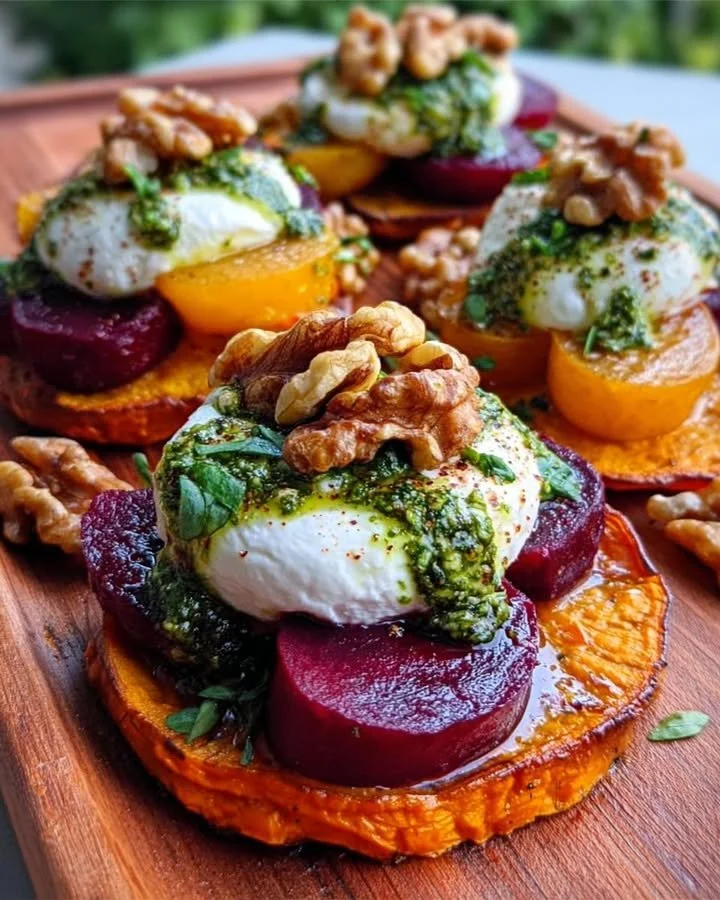 Sweet potato rounds topped with burrata, roasted beets, and walnut sage pesto