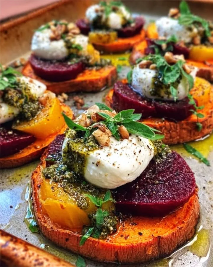 Sweet potato rounds topped with burrata cheese, roasted beets, and walnut sage pesto.