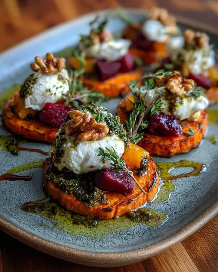 Sweet potato rounds topped with burrata cheese, roasted beets, and walnut sage pesto