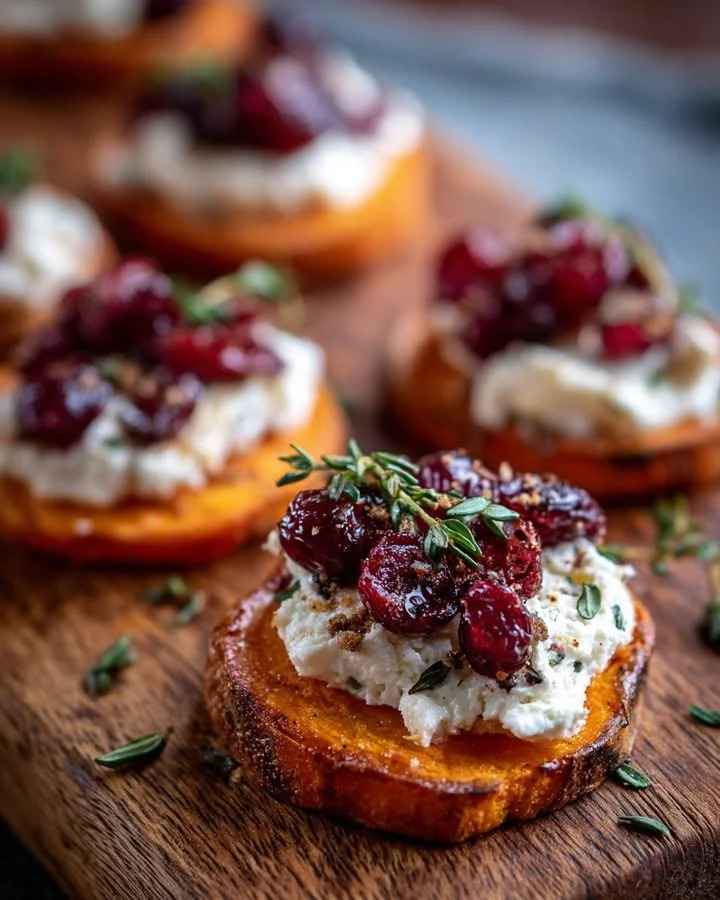 Sweet potato rounds topped with cream cheese and cranberry garnish.
