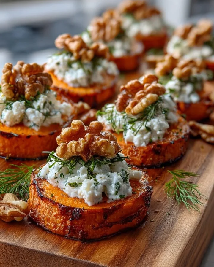 Sweet potato rounds topped with herbed ricotta and walnuts on a serving platter.