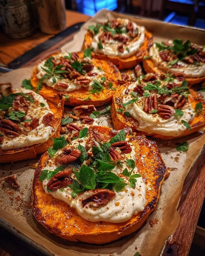 Sweet potato steaks served with whipped tahini yogurt and crunchy pecans