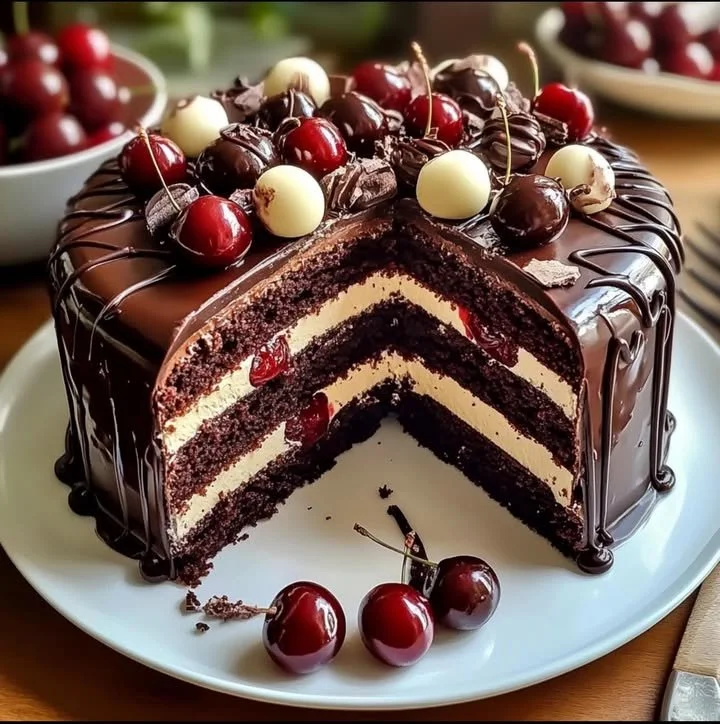 Swiss Chocolate Cherry Roll Cake with chocolate and cherries