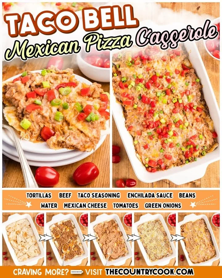 Taco Bell Mexican Pizza Casserole with layers of cheese and toppings