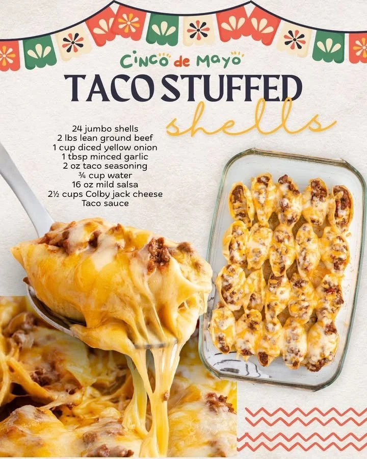 Delicious taco stuffed shells filled with beef and cheese, topped with fresh ingredients