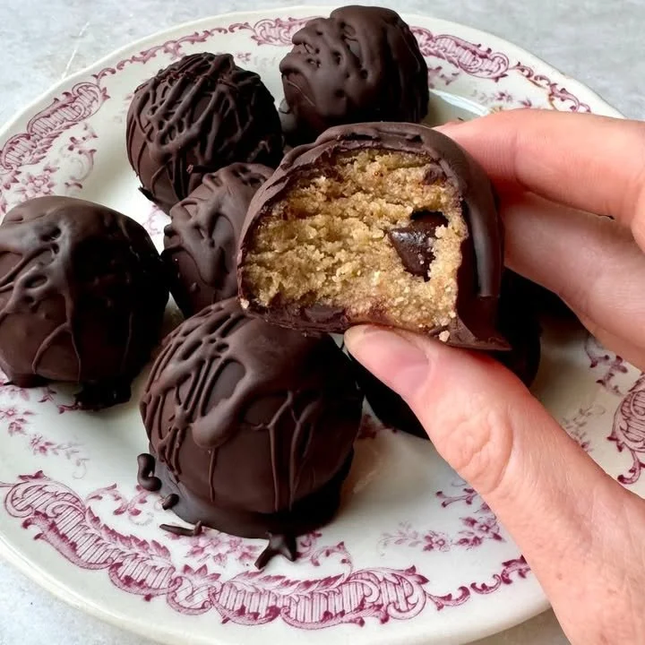 Delicious tahini chocolate chip cookie dough bites with a healthy twist.