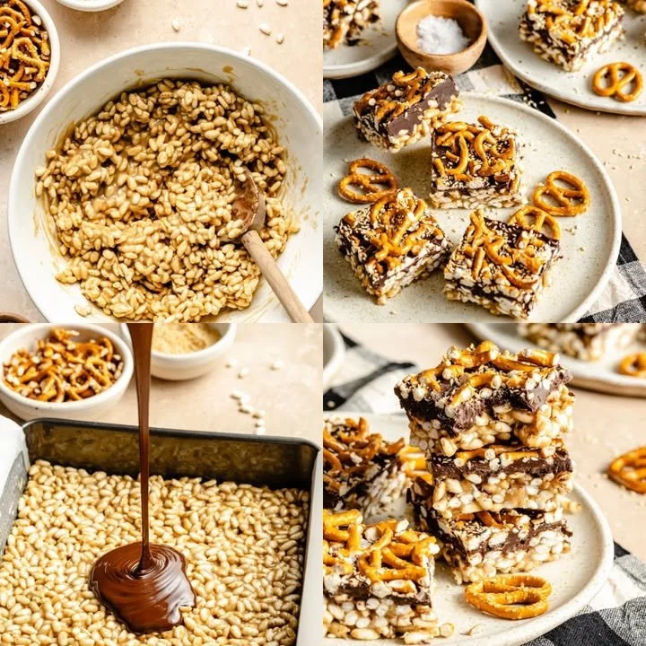 Delicious tahini rice krispie treats on a plate, topped with sesame seeds.