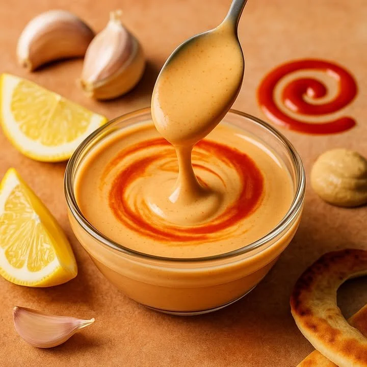 Tahini-Sriracha sauce drizzled on a fresh salad