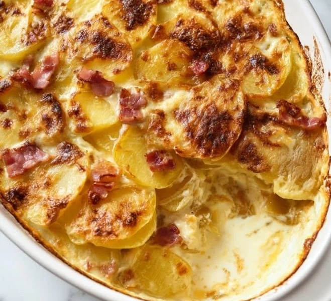 Delicious Tartiflette served with potatoes, cheese, and bacon in a rustic dish.