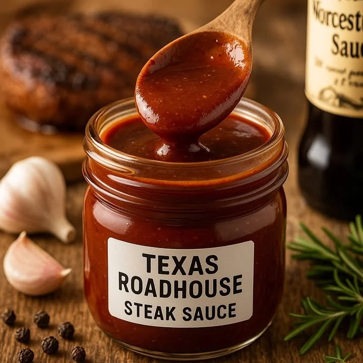 Bottle of Texas Roadhouse steak sauce on a wooden table with steak