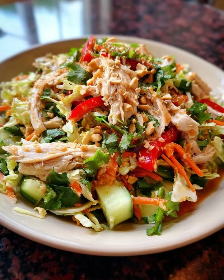 A colorful bowl of Thai Chicken Salad with fresh vegetables and grilled chicken.