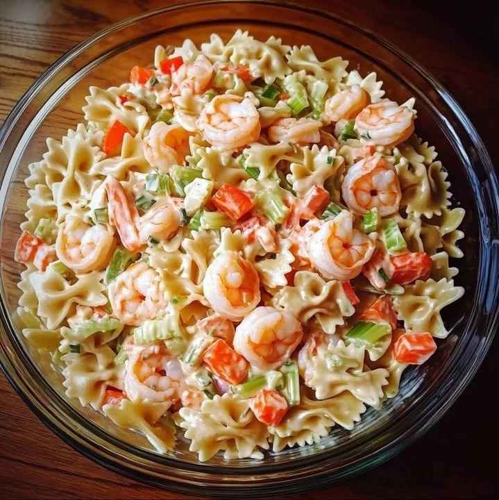 Ultimate seafood pasta salad with fresh ingredients in a bowl