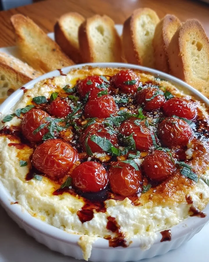 Delicious Three-Cheese Tomato Bruschetta Dip served in a bowl with crusty bread