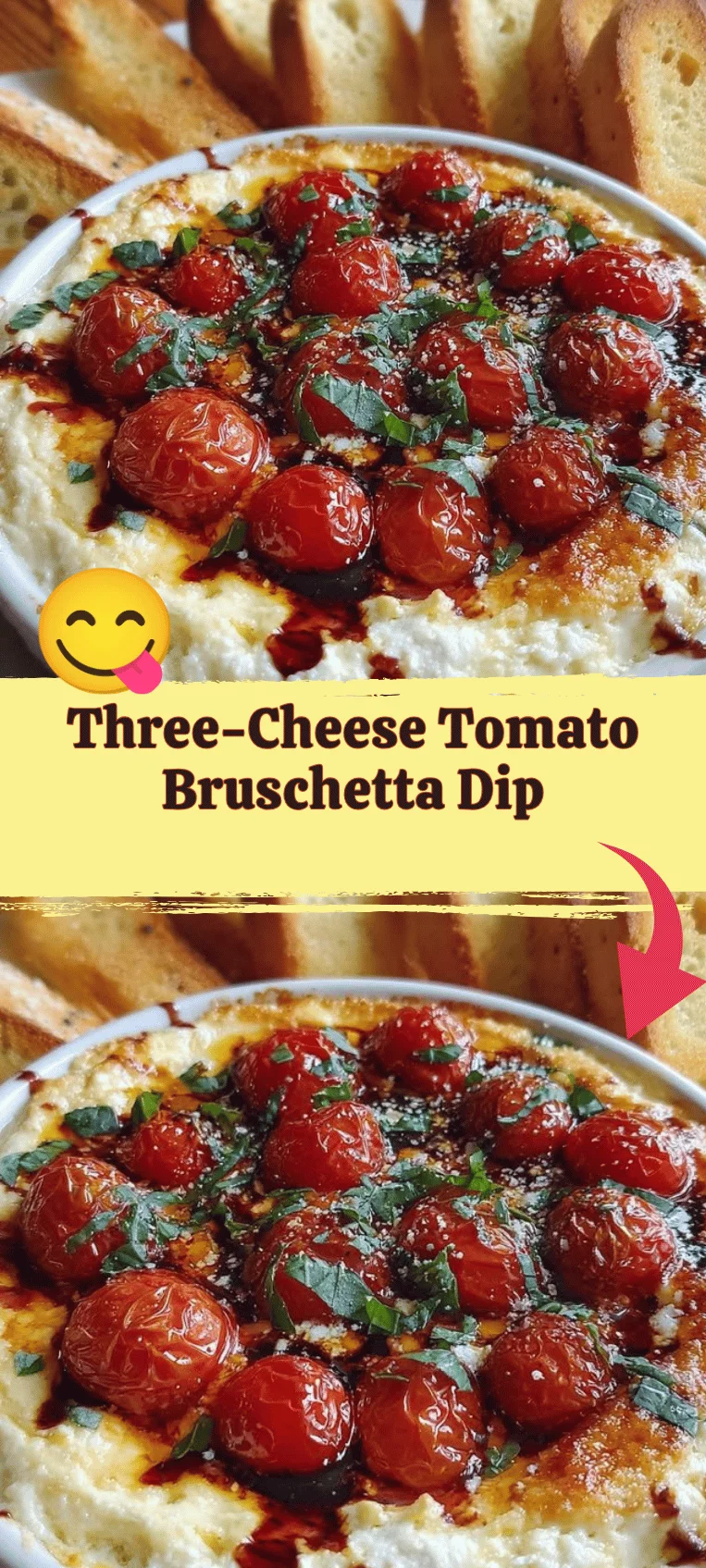 Three-Cheese Tomato Bruschetta Dip served in a bowl with toasted bread