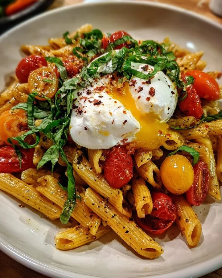 Tomato Burrata Pasta topped with fresh basil and drizzled with garlic oil