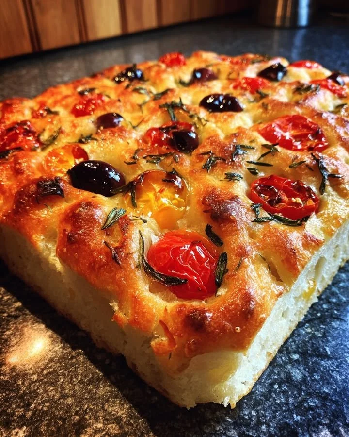 Freshly baked Tomato & Olive Focaccia topped with ripe tomatoes and olives