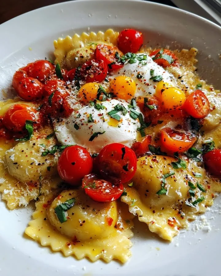 Trader Joe's Ricotta and Lemon Zest Ravioli with burst tomatoes and burrata