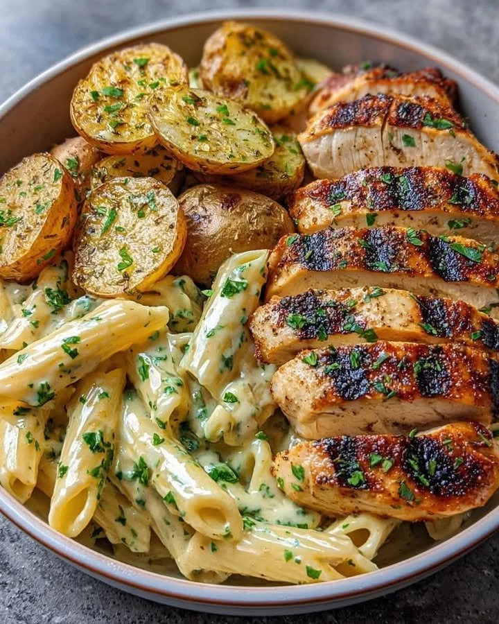 Delicious creamy garlic chicken plated with herbs and side vegetables