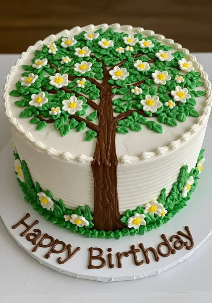 Beautiful Tree of Life birthday cake decorated with vibrant colors and intricate design.