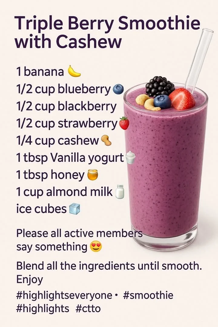 Delicious triple berry smoothie with cashew nuts in a glass