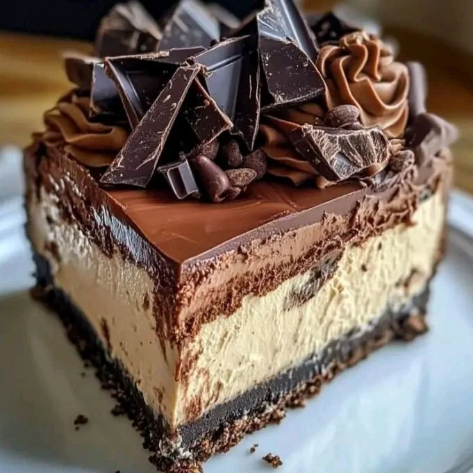 Decadent triple chocolate cheesecake topped with rich chocolate sauce and cocoa