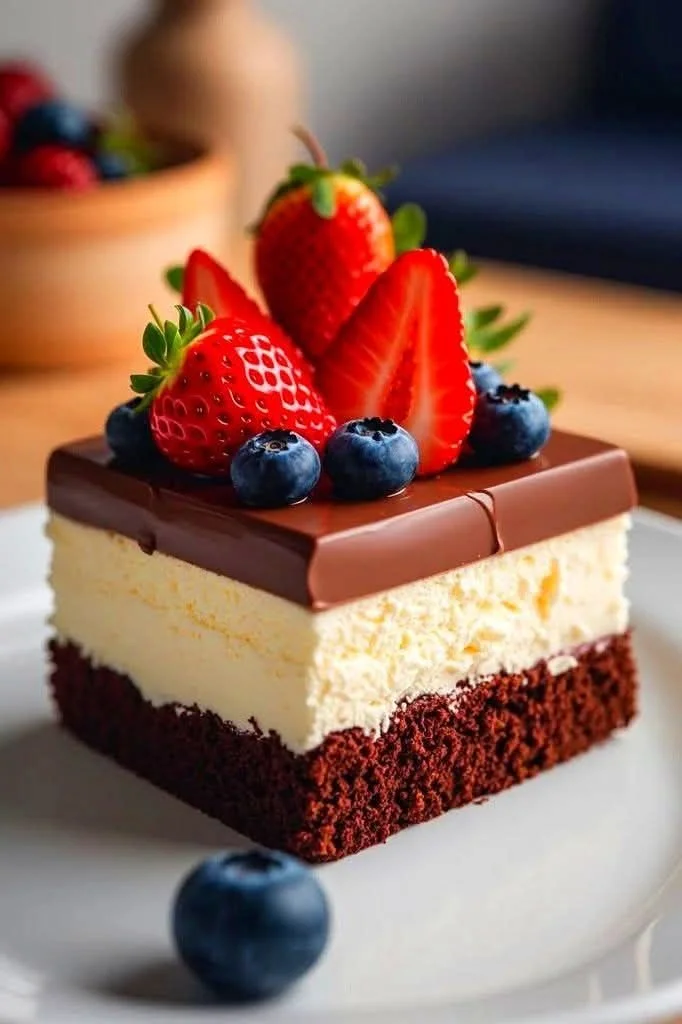 Triple Chocolate Mousse Cake topped with fresh berries