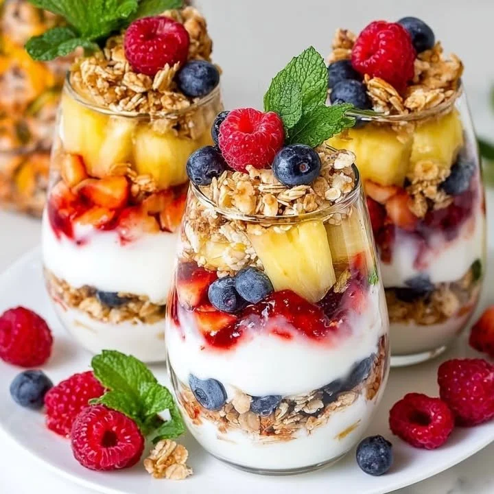 Tropical berry yogurt parfaits topped with fresh fruits and granola