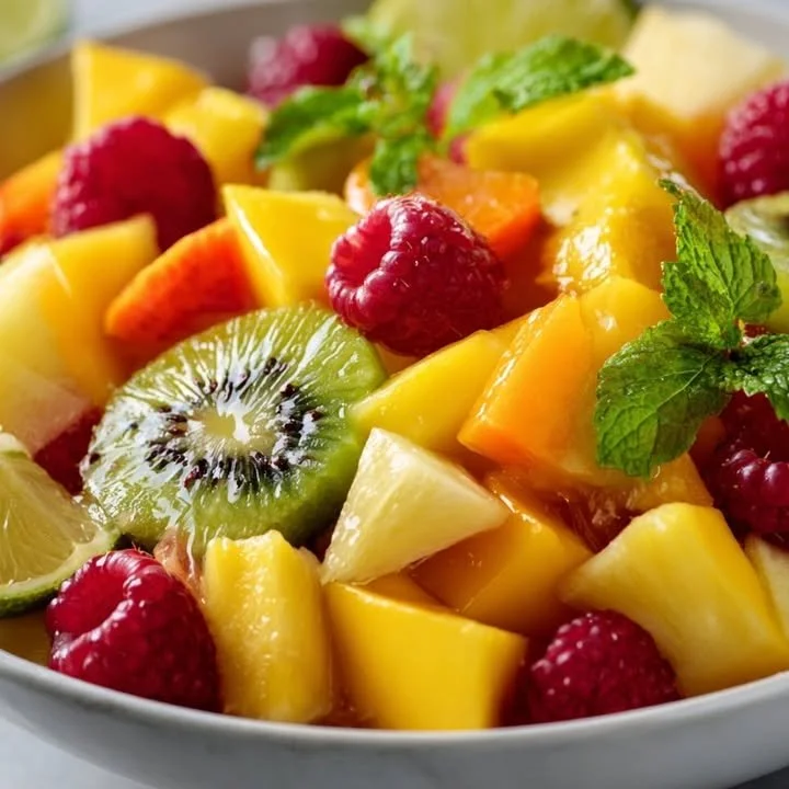 Colorful tropical fruit salad with a variety of fresh fruits