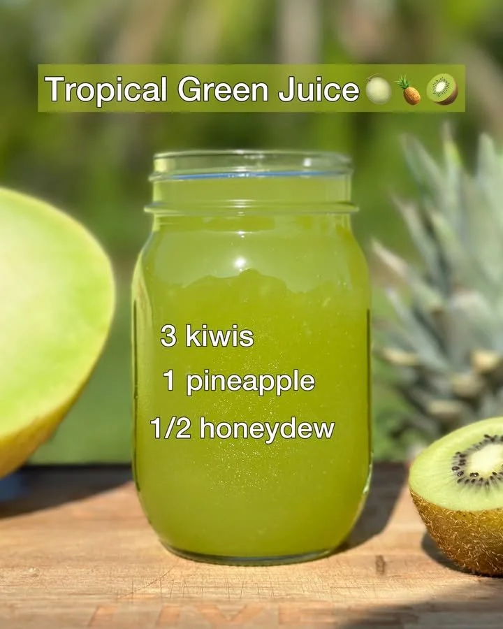 Refreshing tropical green juice with fresh fruits and veggies