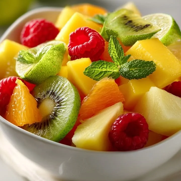 Colorful Tropical Kiwi & Mango Fruit Salad in a bowl