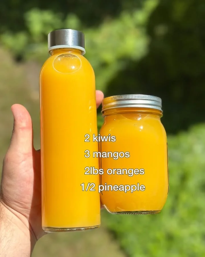 Glass of Tropical OJ with fresh fruit slices for a tropical refreshment