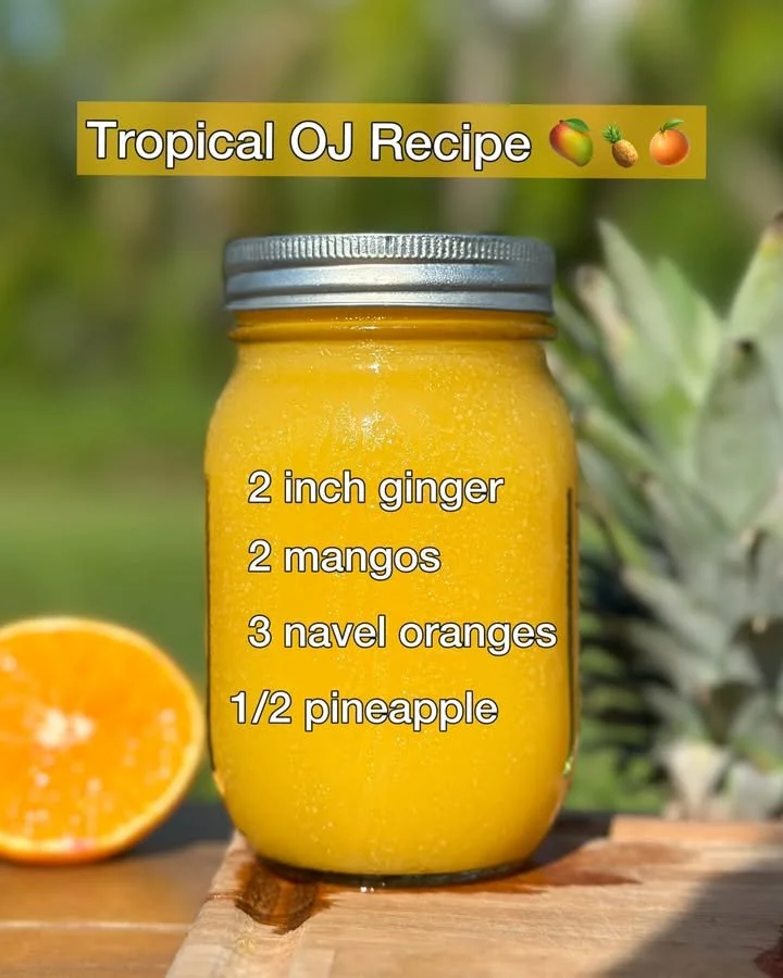 Glass of refreshing Tropical OJ with fresh fruit on a sunny beach background.