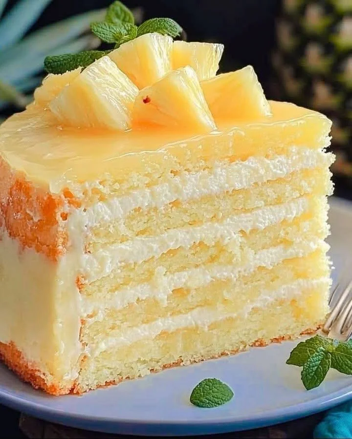 Delicious Tropical Pineapple Bliss Cake with pineapple and cream frosting