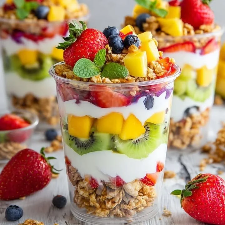 Tropical Rainbow Yogurt Parfait with layers of yogurt, fruit, and granola