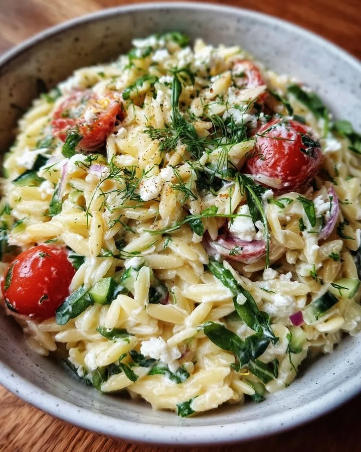 Tzatziki Orzo Salad with Arugula served in a bowl, garnished with herbs.