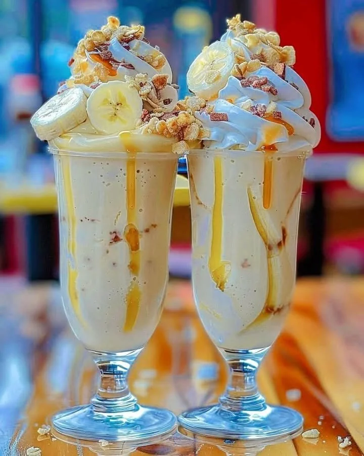Delicious ultimate banana split milkshakes with whipped cream and cherries on top