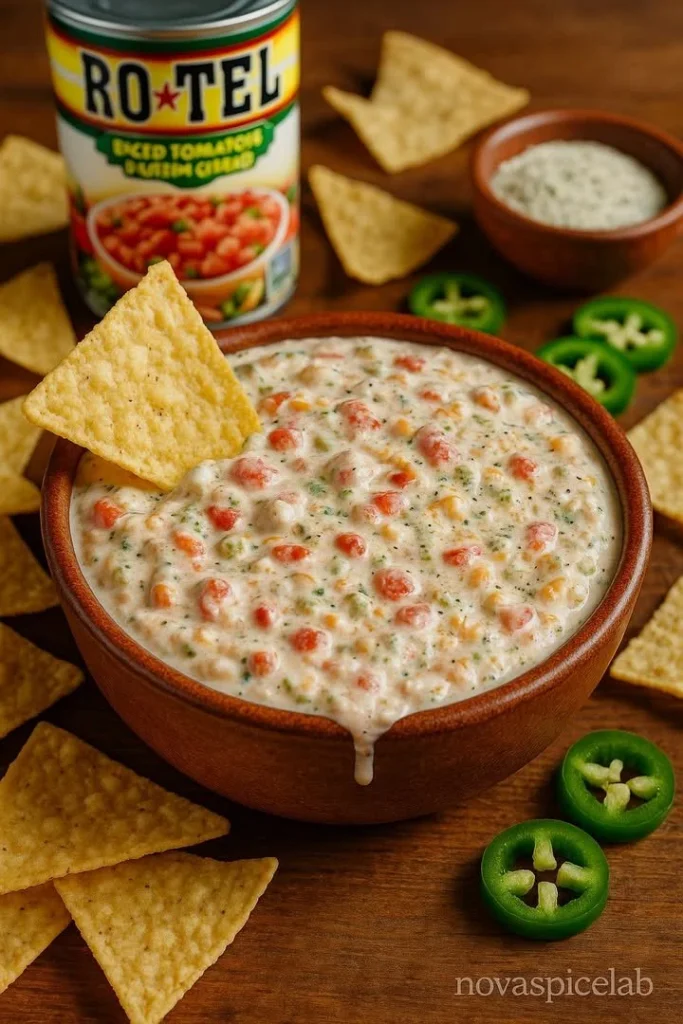 Creamy Rotel Ranch Boat Dip served in a bowl with tortilla chips
