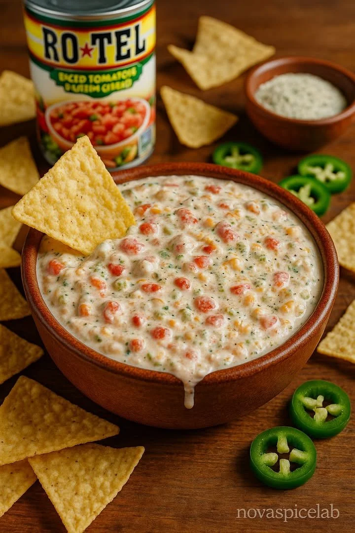 Creamy Rotel Ranch Boat Dip served in a bowl with tortilla chips