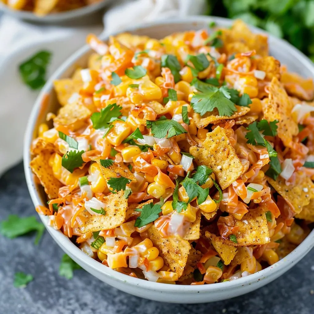 Bowl of Fritos Corn Salad with fresh vegetables and Fritos chips