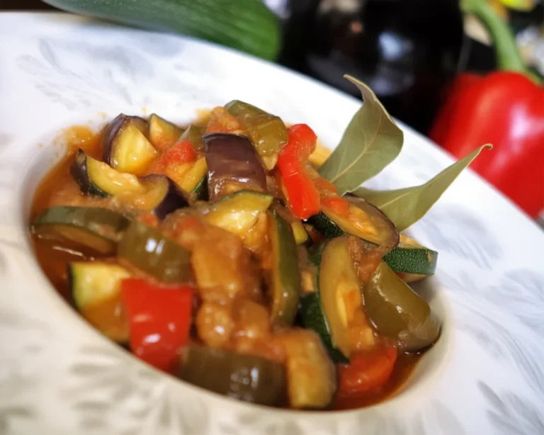 Image de ratatouille préparée avec des légumes frais et colorés.