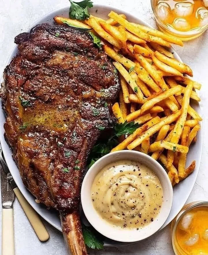 Juicy Cowboy Steak grilled to perfection with seasonings and sides.