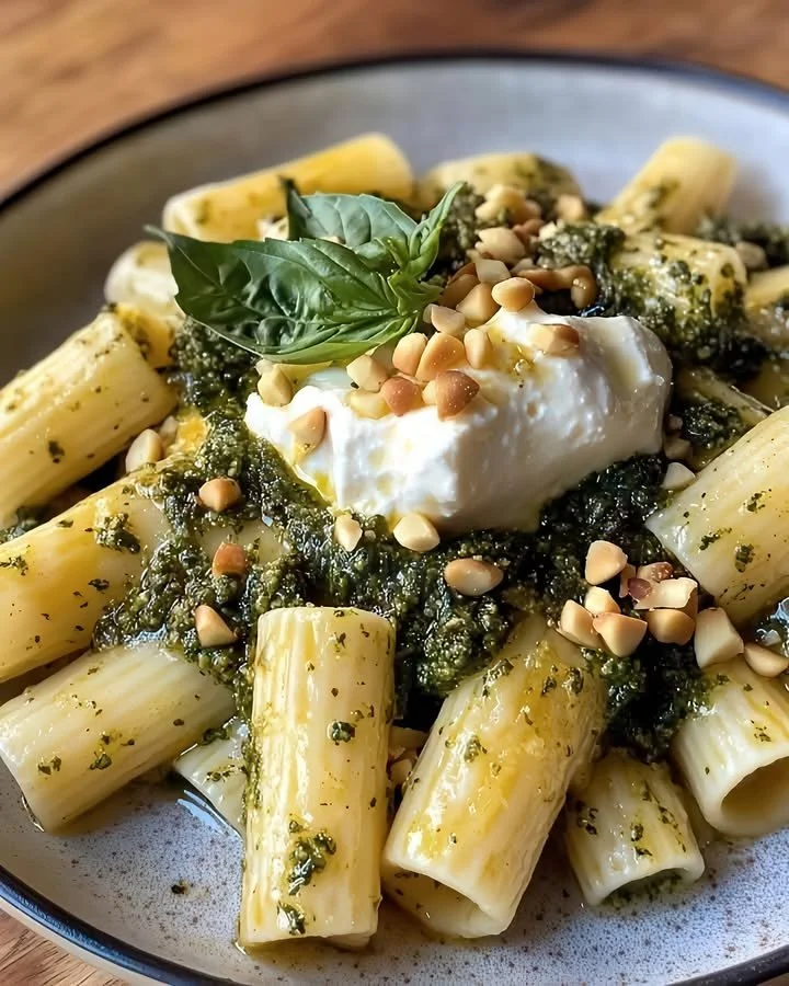 A delicious bowl of homemade pesto pasta garnished with fresh basil and pine nuts.