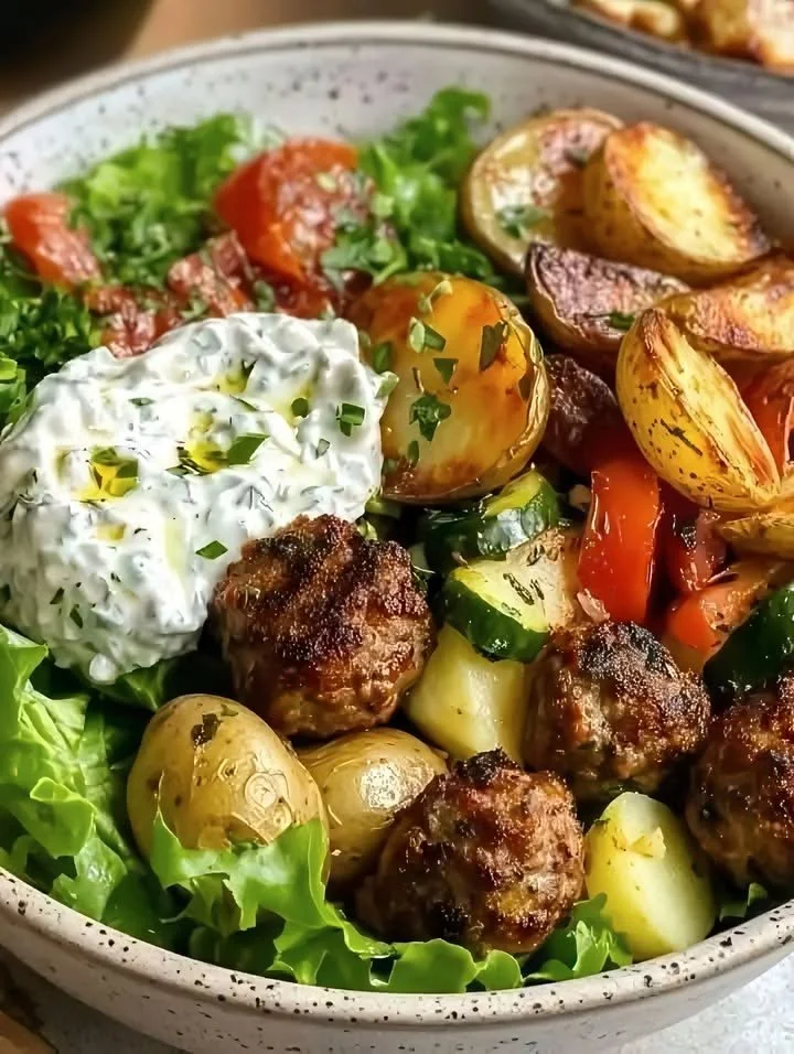 Delicious Mediterranean Meatball Bowl with fresh ingredients and savory flavors.