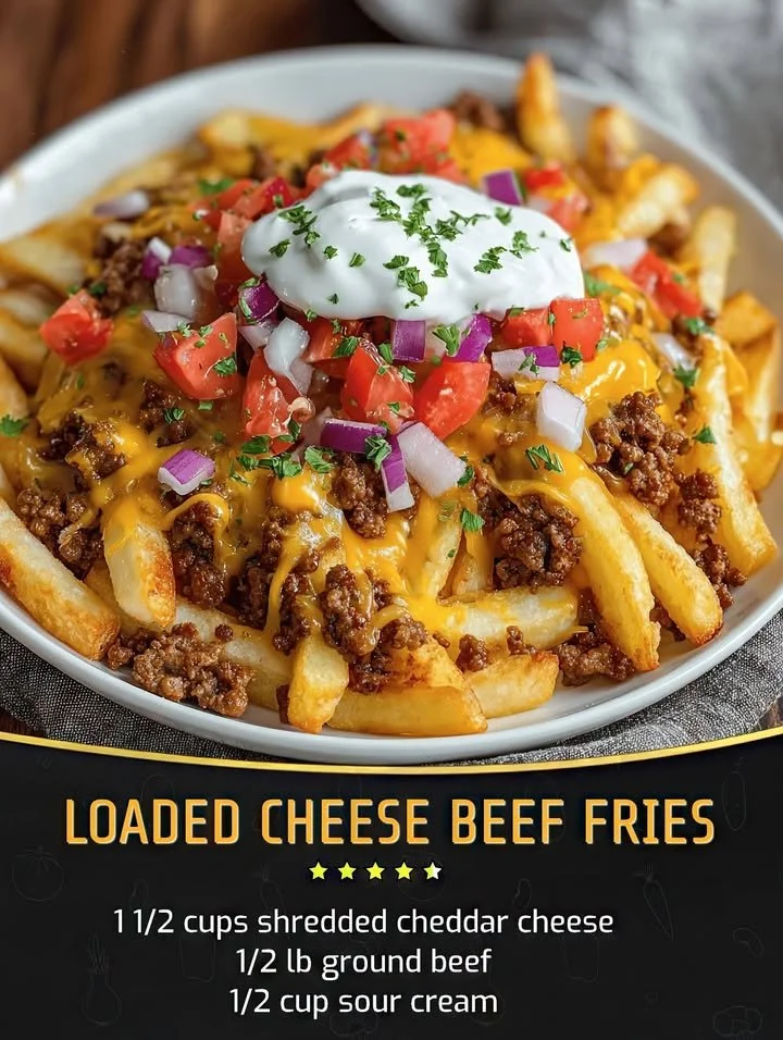 Delicious loaded cheese beef fries topped with savory ingredients