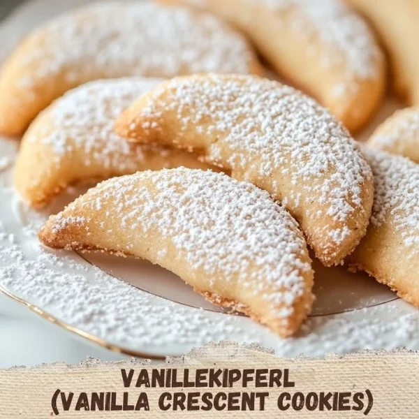 Plate of homemade Vanilla Crescent Cookies dusted with powdered sugar