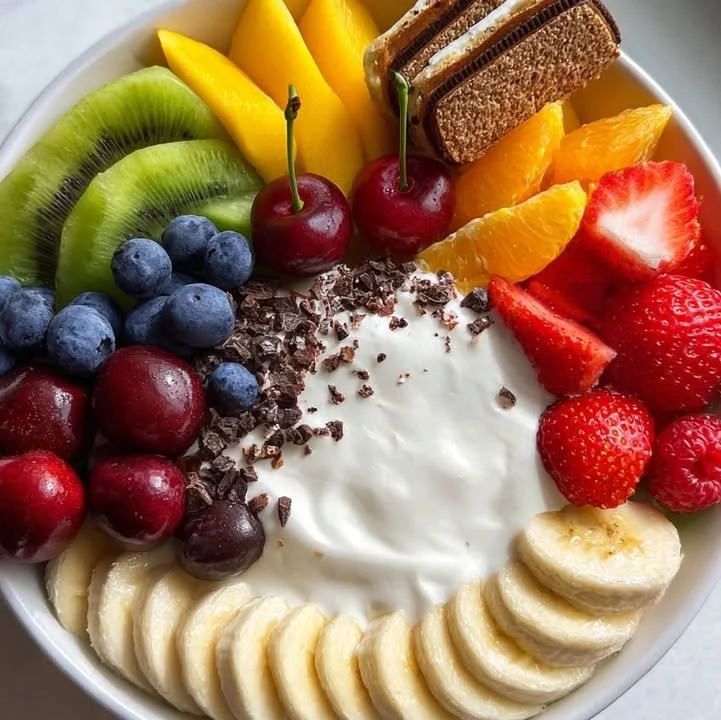 Vanilla yogurt fruit bowl topped with fresh fruits and granola