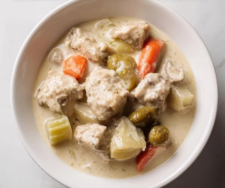 Delicious veal blanquette served with vegetables and herbs in a creamy sauce