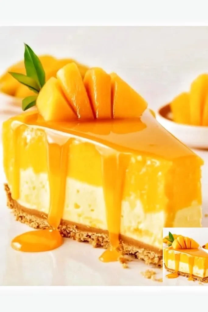 Delicious Vegan Mango Cheesecake topped with fresh mango slices